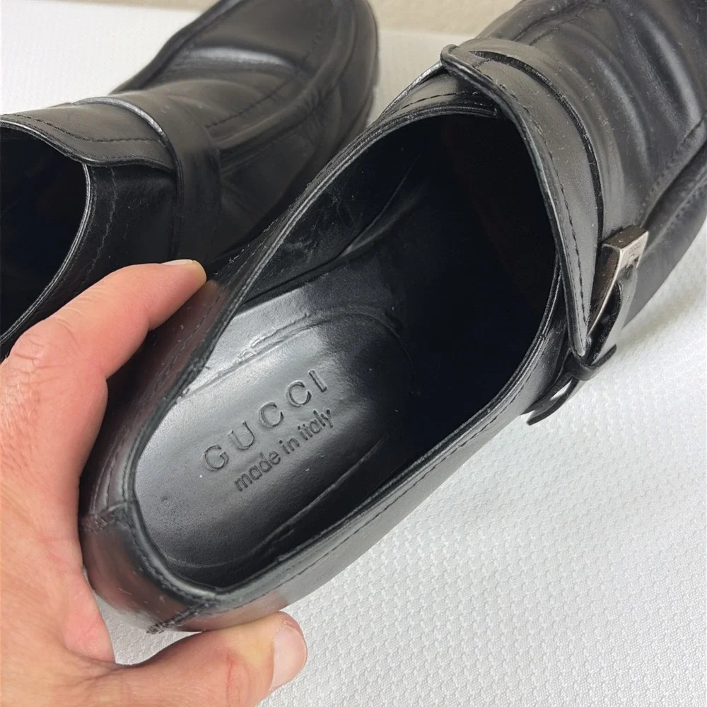 GUCCI Men's Black Leather Buckle Loafers With Rubber Lug Soles, Size 10.5
